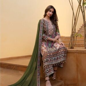 Vibrant Embroidered Dress with Green Scarf